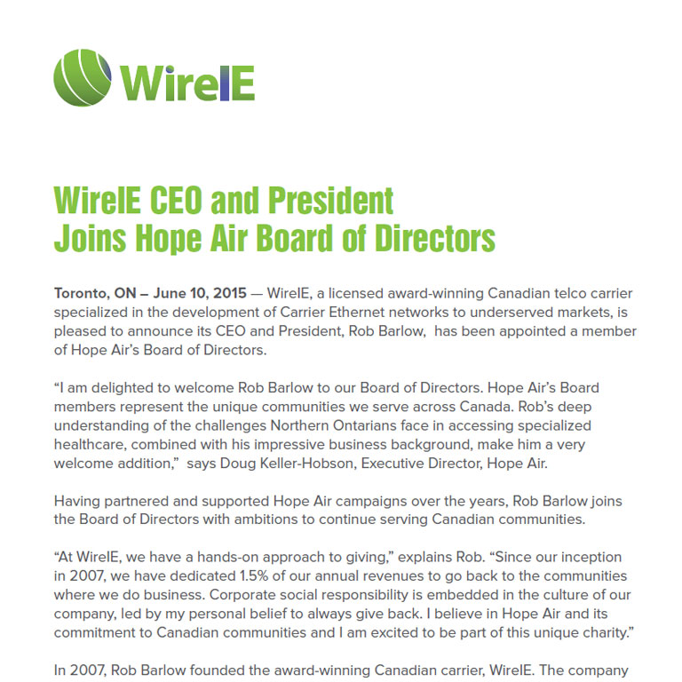 WireIE CEO and President Joins Hope Air Board of Directors