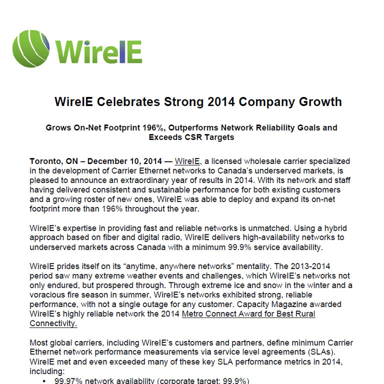 WireIE Celebrates Strong 2014 Company Growth