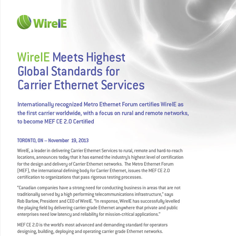 WireIE Meets Highest Global Standards for Carrier Ethernet Services