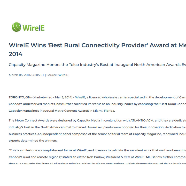 WireIE Wins “Best Rural Connectivity Provider” Award at Metro Connect 2014