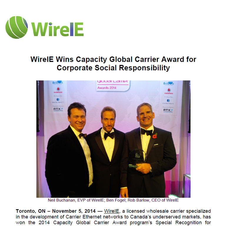 WireIE Wins Capacity Global Carrier Award for Corporate Social Responsibility